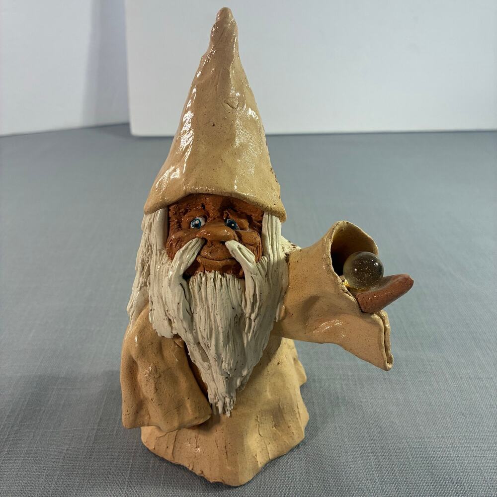 Vintage Wizard Figurine Crystal Ball Holder Pottery Folk Art Signed Decor